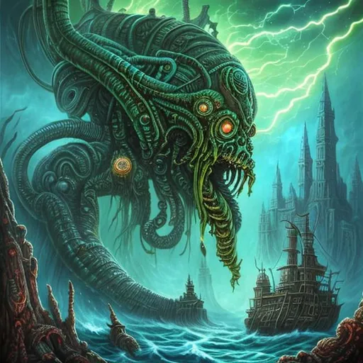 Prompt:  fantasy art style, painting, deep ocean, ancient, Mayan, Aztec, green, green lights, lightning, colourful, pirates, pirate ship, flags, H. R. Giger, waves, mist, naval ship, utopia, warship, biological mechanical, pipes, warship, snakes, serpents, eels, tentacles, octopus, jellyfish, giant ship, squid, glowing, bioluminescence, bioluminescent 