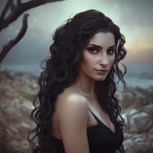 Prompt: A photo of a beautiful woman of Greek ancestry, in her 30s, looking at the camera, wearing a black dress, with long wavy hair, natural light, outside at dusk, with dark colors, concept art, loneliness