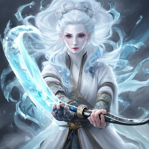 Prompt: oil painting, hd quality,  UHD, hd , 8k, panned out view,  full character can be seen female ice elemental character with long white hair and pale skin, she has icy eyes and wears a white kimono and she is wielding a katana sword weapon while summoning ice powers
