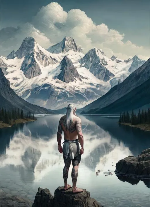 Prompt: One man looking out over a lake, tattoos on upper body, tall beautiful mountains in the background, wounded, long silver hair, short trimmed silver beard, hyperrealistic, super detailed, 8k, high quality, trending art, trending on artstation, sharp focus, studio photo, intricate details, highly detailed, by greg rutkowski