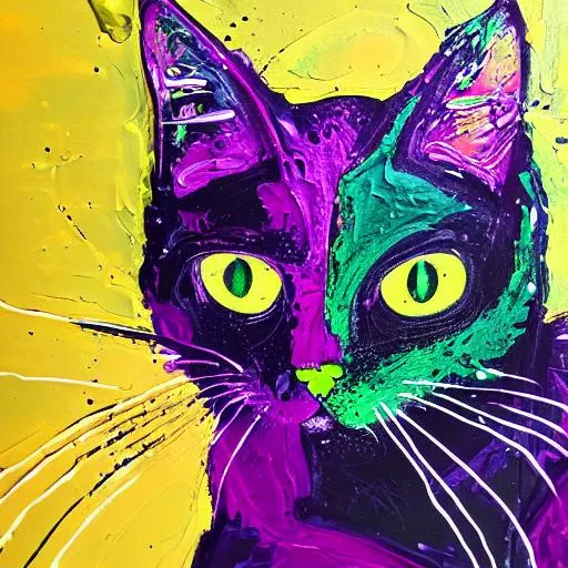 Prompt: abstract painting of cat, in black, dark green, purple. 8k, dripping paint, paint spill, extreme detail, intricate detail, masterpiece, trending on artstation,