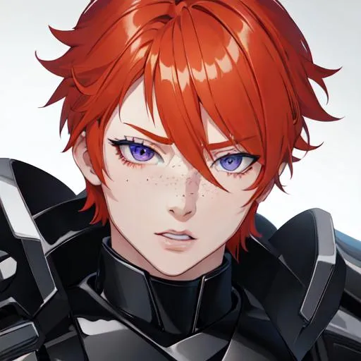 Prompt: Erikku male (short ginger hair, freckles, right eye blue left eye purple) muscular, riding a black motorcycle. UHD, 8K, Highly detailed, insane detail, best quality, high quality