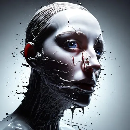 Prompt: exploded android, in the style of Gottfried Helnwein, extremely cinematic,details, details lips, details hair, looking at viewer, shadow, Light reflection on the skin, wet skin, Masterpiece, skinny, natural lighting realistic,