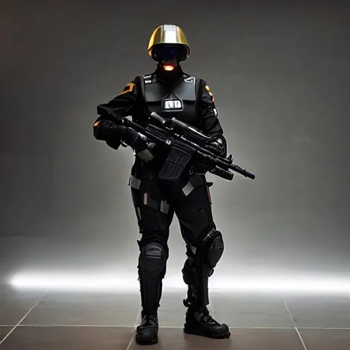 Prompt: Full body portrait photo of a futuristic soldier, with a smooth form-fitted helmet, with a dark 4-D augmented visor, with a mouth covering ventilator, with a rubber shell exoskeleton, holding a large cannon gun. 