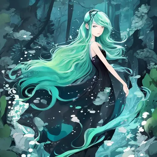 Prompt: Realistic anime illustration of a girl with vibrant green hair, flowing black dress with spots with shades of blue, serene forest setting