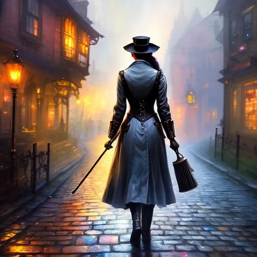 Prompt: A stunning watercolor impressionist painting of steampunk gothic nurse walking cobble road around United Kingdom, The painting is rendered in HDR, DTM, full HD, and 8K resolution, with ultra-detailed brushwork that captures every nuance and detail of the character's iconic suit and features.