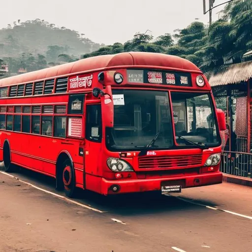 Prompt: Red bus coming to bus stand with passanger waiting