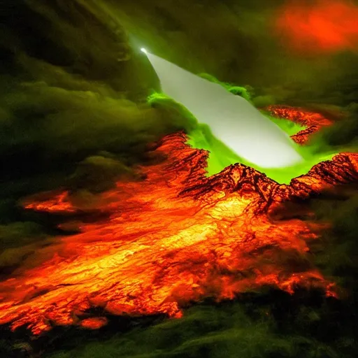 Prompt: Ultrarealistic painting of a demon screaming out green plasma; the demon is engulfed in subtle reddish hellfire | background is set in hell | corrupted earth | decaying corpses | chaos | death | suffering | malevolence | war | grim | thin vibrant green liquid-lightning rising from an abyss | despair | UHD, 4K, 8K, 64K, highly detailed.