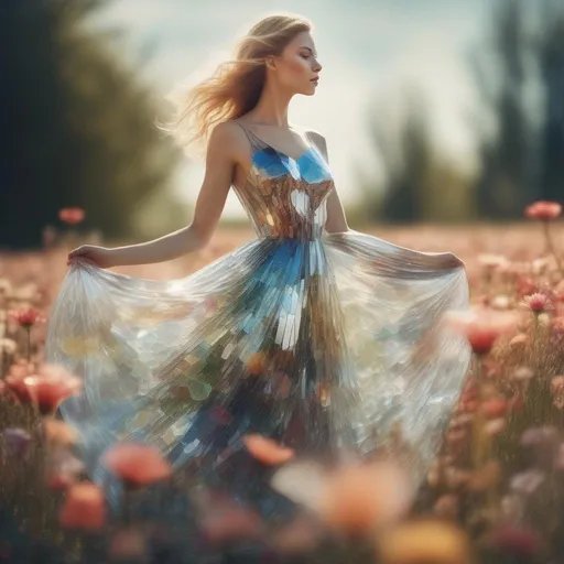 Prompt: Beautiful woman made out of crystal glass dressed in a glass dress in sunlight, in a field of glass flowers in a painted style