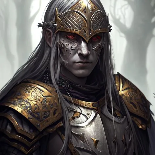 Prompt: Fully detailed, portrait of the leper king, sick, beautiful, attractive, knight, paladin, great sword on back, background spooky forest, side, 8k, masterwork, dark colors,trending on art station, hyper realistic, cinematic lighting, fantasy style