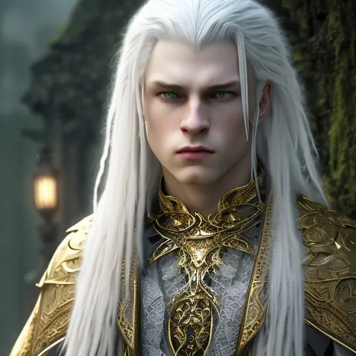 Prompt: Cinematic, 8K HD 3D portrait of beautiful albino male, portrait of noble strong wizard, pale beautiful face, grey stunning eyes, extra long white straight hair, elegant green wizard clothes, intricate, detailed, charming male, light contrast, noble, perfect anatomy, gothic dark room ambient, perfect male beauty, golden ratio