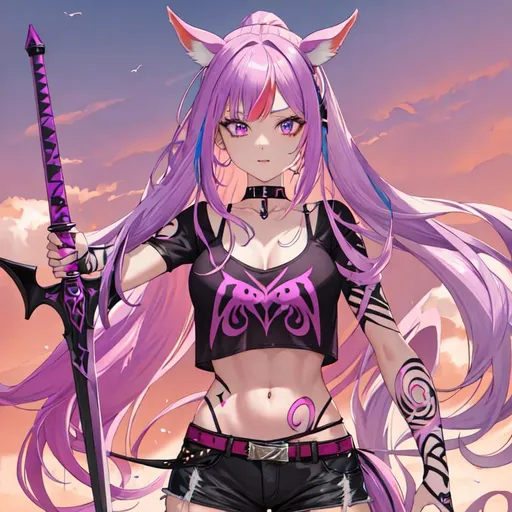 Prompt: Haley as a demon horse hybrid (pink and purple multi-color hair) (multi-color eyes)(she has horse ears) (demon tail), scars covering her body, wearing a crop top and shorts, tattoos on her arms, holding a rapier sword