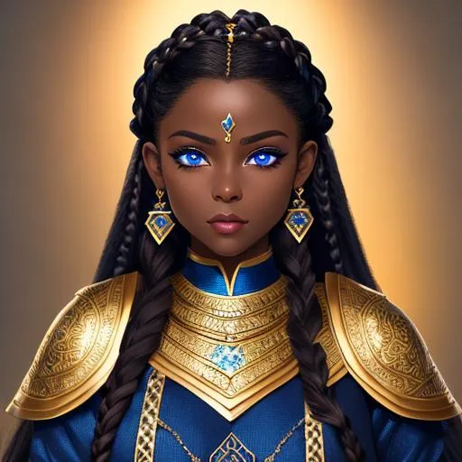 Prompt: "Full body, oil painting, fantasy, portrait of a dark skinned woman with braided brown hair and dark blue eyes | wearing heavenly plate mail with intricate blue trim on it, #3238, UHD, hd , 8k eyes, detailed face, big anime dreamy eyes, 8k eyes, intricate details, insanely detailed, masterpiece, cinematic lighting, 8k, complementary colors, golden ratio, octane render, volumetric lighting, unreal 5, artwork, concept art, cover, top model, light on hair colorful glamourous hyperdetailed medieval city background, intricate hyperdetailed breathtaking colorful glamorous scenic view landscape, ultra-fine details, hyper-focused, deep colors, dramatic lighting, ambient lighting god rays, flowers, garden | by sakimi chan, artgerm, wlop, pixiv, tumblr, instagram, deviantart