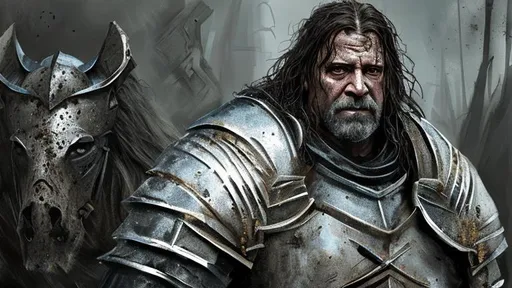 Prompt: Painting of middle aged knight, dark hair, dirty armour, heavy scars, scowling, portrait, digital art