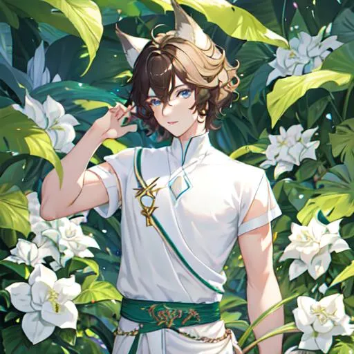 Prompt: Exotic plants on green planet. A young man that has wolf ears and a tail. Pale skin, diamond blue eyes, plump lips, toned body. HE HAS wavy BROWN hair which is SHORT. Wearing white t-shirt and pants. Facing to the left side. He holds white flowers. His eyes match beautifully, the same EXACT color.