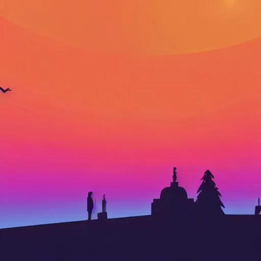 Prompt: Multiple layers of silhouette Indian buildings, with silhouette of cemetery, sharp edges, at sunset, with heavy fog in air, vector style, horizon silhouette Landscape wallpaper by Alena Aenami, firewatch game style, vector style background