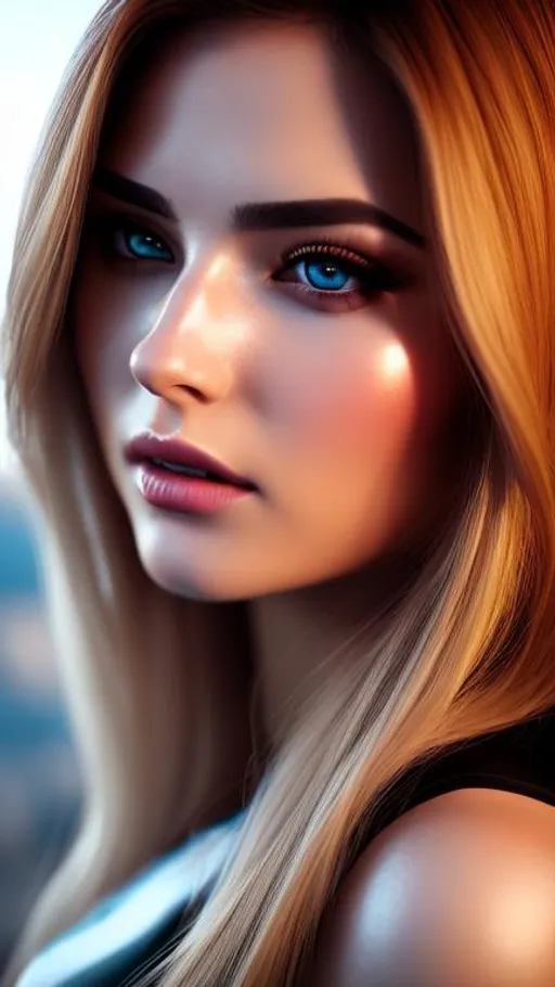 Prompt: Hyper realistic, Unreal engine, female, blonde hair, eye color bright red