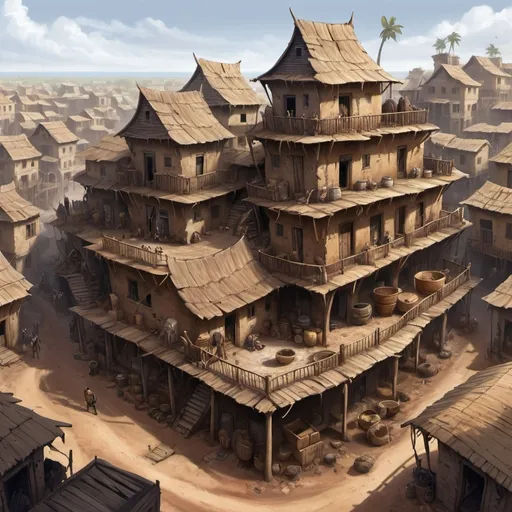 Prompt: Fantasy Illustration of a westafrican thiefs guild, twisted architecture, run-down, mudbricks and wood materials, rpg-fantasy, entire structure, birdview, high quality, detailed, epic scale, fantasy, game style, african slums in the background