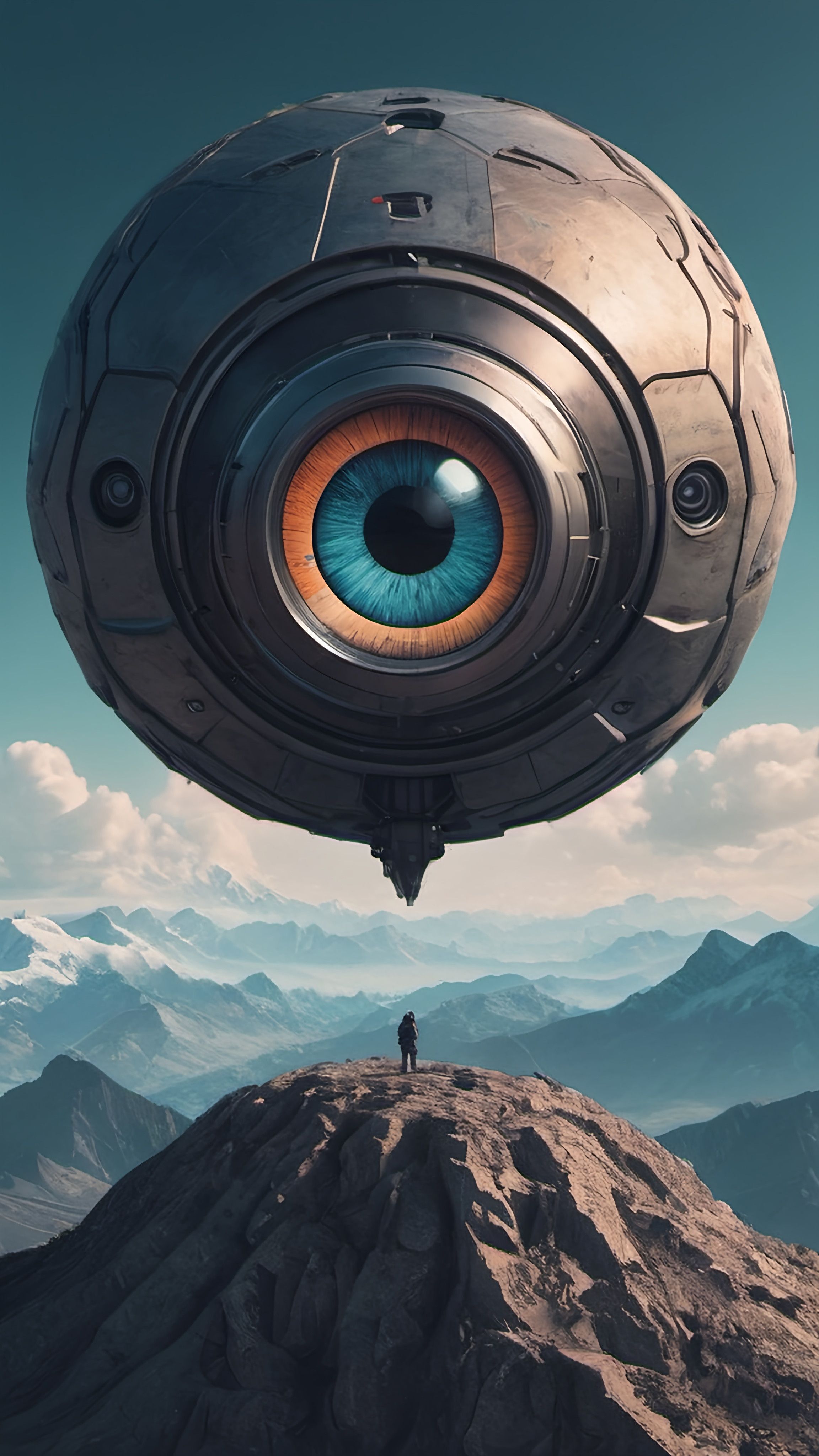 Prompt: a person standing on top of a mountain under a large eyeball shaped object in the sky above a mountain