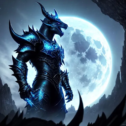 Prompt: Fantasy style, a hyper realistic detailed image of black dragonborn, black scales,  lizardman, covered in moonlight glow, body facing camera, camera top third of image, perfect composition, super detailed, sharp focus HDR, UDR, 120k,  glowing blue armor, black shoulder plates, long horns, burning cinder eyes, blue moon fantasy background, moonlight greatsword