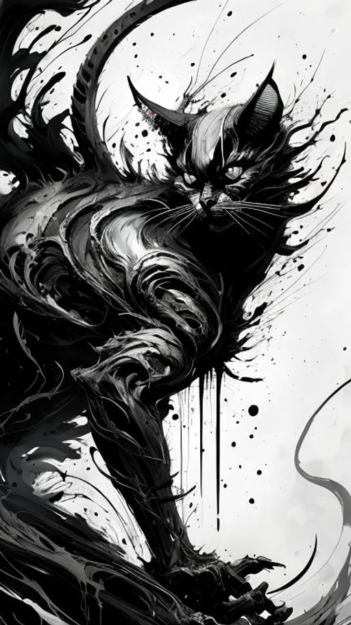 Prompt: Demon Cat negative black and white Speedpaint with large brush strokes by , Junji Ito, Ismail Inceoglu, , Gazelli, M.W. Kaluta, richard anderson, paint splatter, white ink, a masterpiece, 8k resolution, trending on artstation, horror, terrifying, highly detailed and intricate