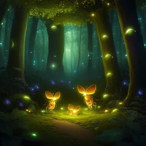 Prompt: Fireflies In A Magical Forest, 4k, Highly Detailed, Masterpiece,  Digital Illustration, Cinematic Lighting, Realistic, Sharp Focus,  Beautifully Lit, Bioluminescent 