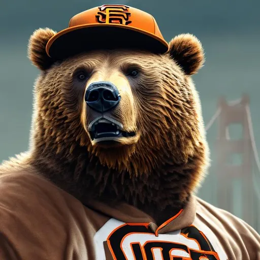 Prompt: A pose realistic highly detailed Grizzly Bear wearing Golden Glasses, San Francisco Giants baseball hat on driving a GT Car