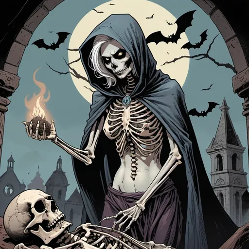 Prompt: undead Maltese woman necromancer casting a spell, bare chest, flesh graphically rotting on her body , anorthite cloak and cowl, apatite amulet necklace, detailed skeletons in foreground rising from the ground, bats in silhouette in the background, dramatic, dark colors, graphic novel illustration, retro comic book, 2d shaded, highres, detailed, dramatic lighting, professional