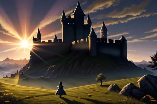 Prompt: RPG fantasy style, landscape, early dawn, radiant sunrise over a castle, lone silhouette of a tall female knight in armor, silky black hair, rays of sunlight, warm feeling