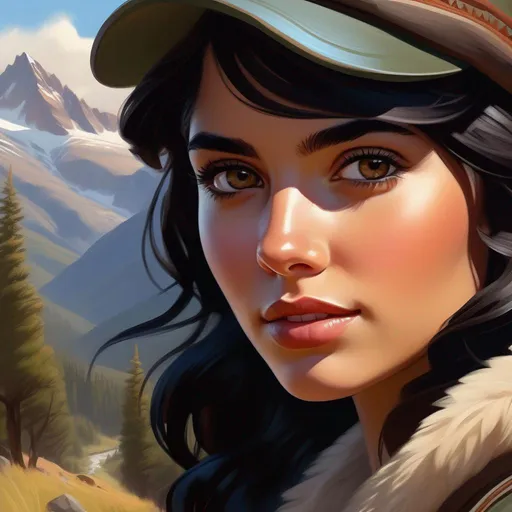 Prompt: Third person, gameplay, Argentinian girl, pale olive skin, black hair, brown eyes, Patagonian forests, Andes mountains in the background, cool atmosphere, cartoony style, extremely detailed painting by Greg Rutkowski and by Henry Justice Ford and by Steve Henderson 

