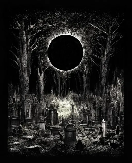 Prompt: black metal album cover concept art black sun above the abandoned cemetery with undead