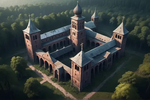 Prompt: Fantasy Illustration ofRuins of a huge russian cloister including a yard a church and several buildings, surrounded by forest, dark and eerie, entire structure, birdview, immersive world-building, high quality, detailed, epic scale, rpg-fantasy, game style, ghostly atmosphere, nightfall