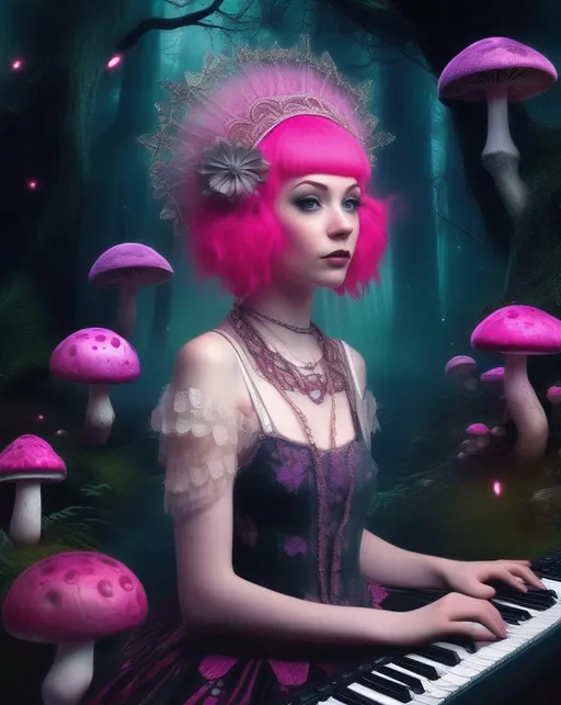 Prompt: A fantasy portrait of a girl with pale skin and vivid pink hair adorned with an ornate lace headdress against a dark magical forest backdrop, illuminated by glowing mushrooms and fireflies, wearing a dress of antique fabrics with a keyboard synthesizer built into the voluminous skirt, visualized in an imaginative dream punk aesthetic using lush painterly digital editing