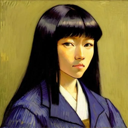 Prompt: Vincent  Van gogh self portrait but anime girl black long hair himecut, JK, asian looking, girl