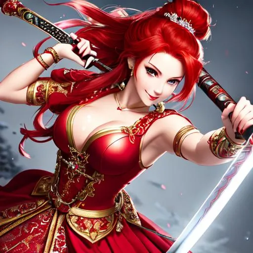 Prompt: red hair in a messy bun princess, wear red dress full of ornaments and details, holding sharp shiny sword, deep red blush, smiling happily, highly detailed face, highly detailed body, full body shot, soft lighting, captured from above, high definition, ultra realistic, 8K, digital art, holding a katana, long sword, blade weapon