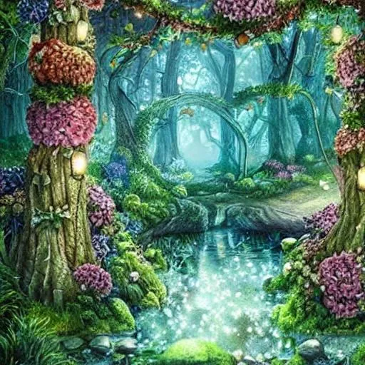 Prompt: Realistic magical forest, very detailed, intricate, stunning, romanticism, flowers
