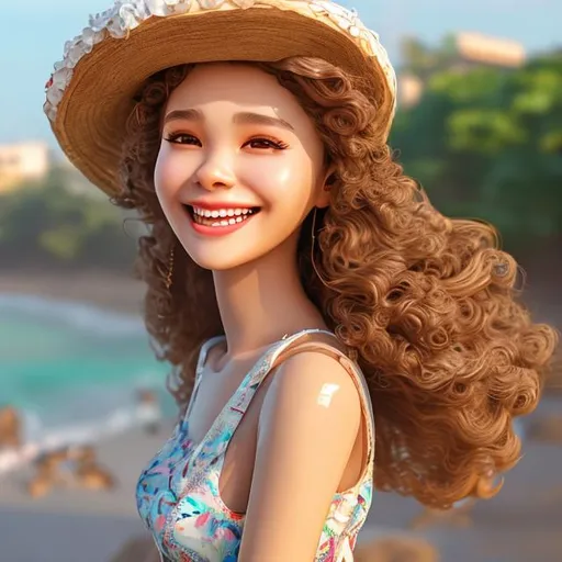 Prompt: Cute lady near beach smiling, AI, glossy skin, 8K, fined features, animated lady, wearing short dress and one hat, curly hair and fair skin