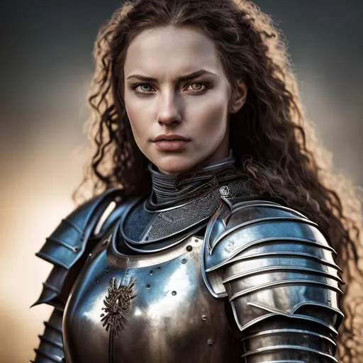 Prompt: photo realistic portrait of medieval knight woman, centered in frame, facing camera, symmetrical face, ideal human, 85mm lens,f8, photography, ultra details, natural light, light background, photo, Studio lighting