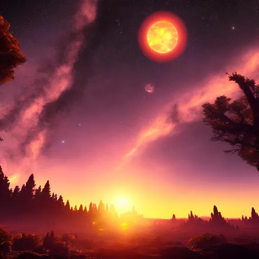 Prompt: Beautiful sunset on a planet with 3 moons and 2 suns with a galaxy belt in the background, ultra res, hdr, 64k, everything in focus, high attention to detail, forest on the horizon