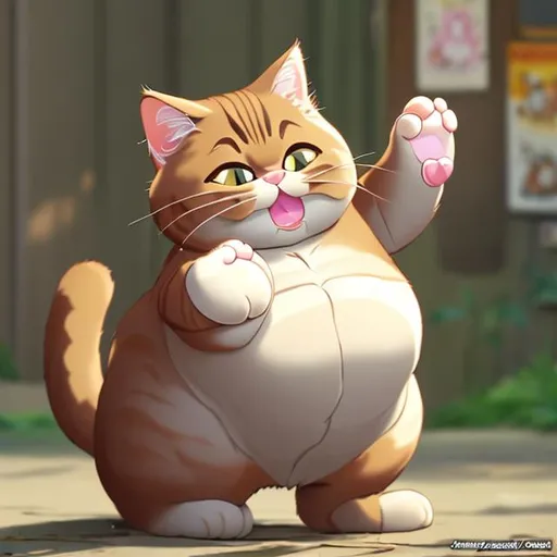 Prompt: a cat standing on its hind legs with its mouth open, chonker cat, cute cat, funny cat, fat cat superhero, obese ), photo of a cat, fat cat, cute cat photo, anime visual of a cute cat, a cute cat, anime cat, whole cat body, fat chibi grey cat, garfield, beautiful cat, awesome cat, realistic anime cat