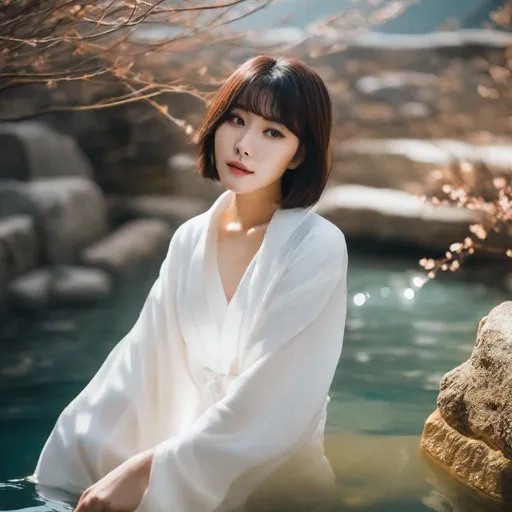 Prompt: Young Korean woman with short, bob-cut hair, light makeup that accentuates her natural beauty, and nothing covering her private parts and showing off her creamy white skin while tucking her hair behind her ear as she is about to enter the hot springs.