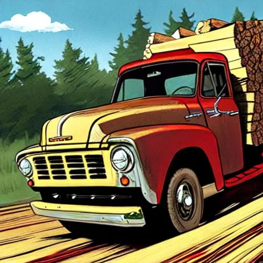 Prompt: A comic book-style pickup truck hauling wood in the country.