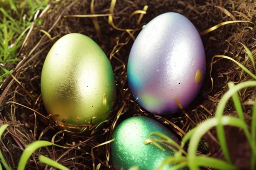 Prompt: Foil Easter eggs forgotten in the garden, macro shot, canon, Kodak, bright, aesthetics, commercial