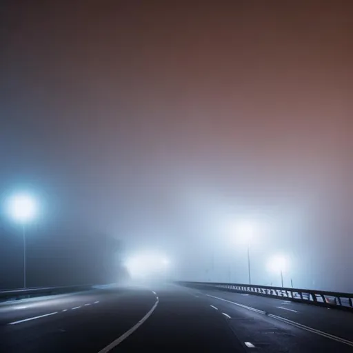 Prompt: Highway that doesn't make sense at night with fog