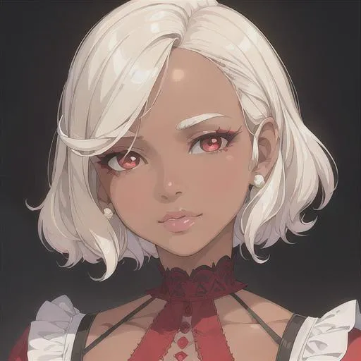 Prompt: (masterpiece, illustration, best quality:1.2), brown skin, soft face, detailed eyes, Victorian style, very short trimmed white hair, devilish like white eyes, wearing red nightgown, best quality face, best quality, best quality skin, best quality eyes, best quality lips, ultra-detailed eyes, ultra-detailed hair, ultra-detailed, illustration, colorful, soft glow, 1 girl