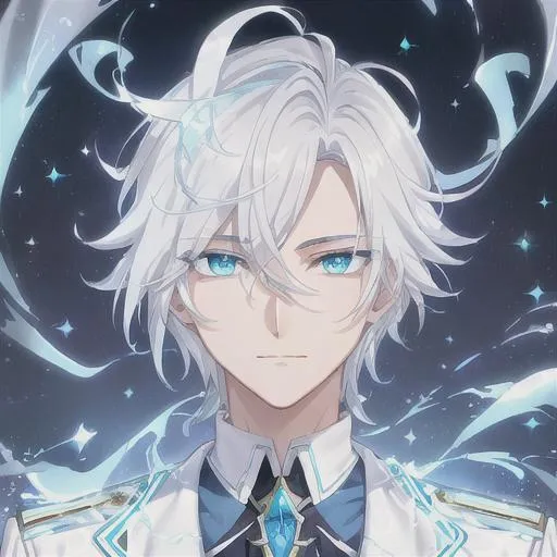 Prompt: Handsome male alien hybrid, detailed eyes, wind emanating from his hands, a young anime man with white hair, detailed cyan eyes, an optimistic expression, wearing a white captain's uniform with golden chains, wind and ice coming from his hands, fantasy , clear sparkling cyan glowing eyes, cyan eyes, intricately detailed face, short white hair, intricate, highly-detailed, ultrarealistic face, large landscape, mechanics, dramatic lighting, gorgeous face, lifelike, stunning, anime young man face, white luxurious hair with a fringe haircut, digital painting, large, artstation, illustration, concept art, smooth, sharp focus, highly detailed painting, looking and smiling at viewer, full body, photography, detailed skin, realistic, photo-realistic, 8k, highly detailed, full length frame, High detail, showing full body, full body art 