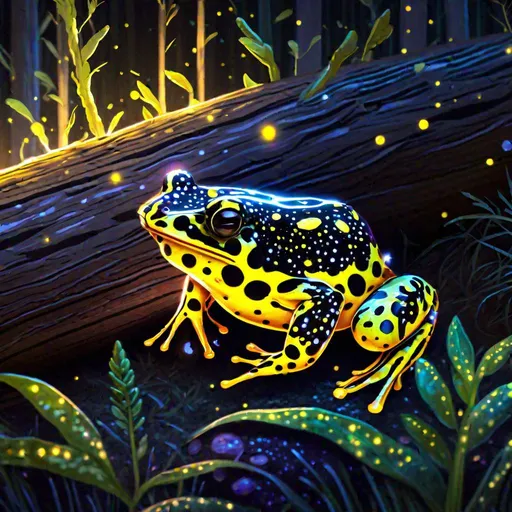Prompt: Close-up of A celestial translucent corroboree frog that is glowing, hiding under a log, in a forest, sunset, beneath the stars, bioluminescent, highres, best quality, concept art