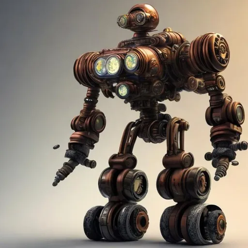 Prompt: A super advanced, steampunk,  steam-powred, A.I. android robot with wheels on its feet.