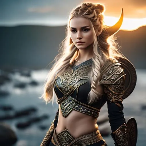 Prompt: Gorgeous, stunning, beautiful, otherworldly viking goddess with long braided hair wearing ancient viking clothing, elegant posing, full body, centered, fantasy setting, character concept, cinematic, colorful background, concept art, dramatic lighting, highly detailed, hyper realistic, intricate sharp details, octane render, smooth, studio lighting, trending on art station, 8k, HDR, unreal engine, emotive, cgi, animated, character art, iridescent, metallic, epic fantasy, dark fantasy, 3D game
