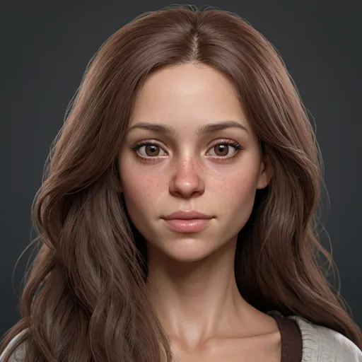 Prompt: hyper-realistic 30 year old human female, she has long frizzy milk chocolate hair, she has pinkish skin tone, She has a heart shaped face, she has dark brown eye fantasy, she has a very thin mouth, she has an upturned pig nose which very large, she is considered ugly, she has several dark moles on her face, fantasy character art, illustration, dnd,